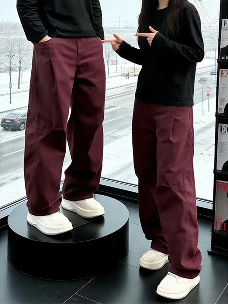 

Red Wine Color Pure Cotton Men's Winter Casual Pants Knife Loose Fit Straight Leg Comfortable Fashionable Workwear Trousers