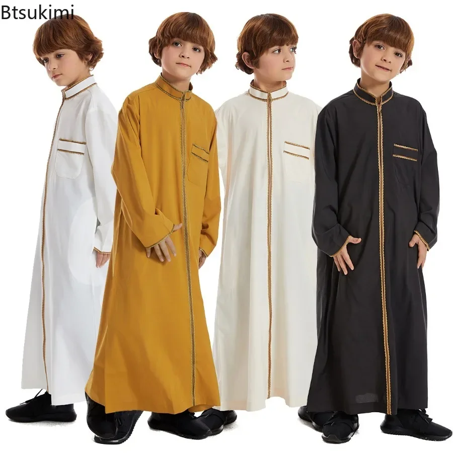 

Middle East Islamic Clothing Kids Muslim Abaya Boys Long Sleeve Jubba Thobe Loose Stand Collar Embroidered Robe Saudi Arab Dress