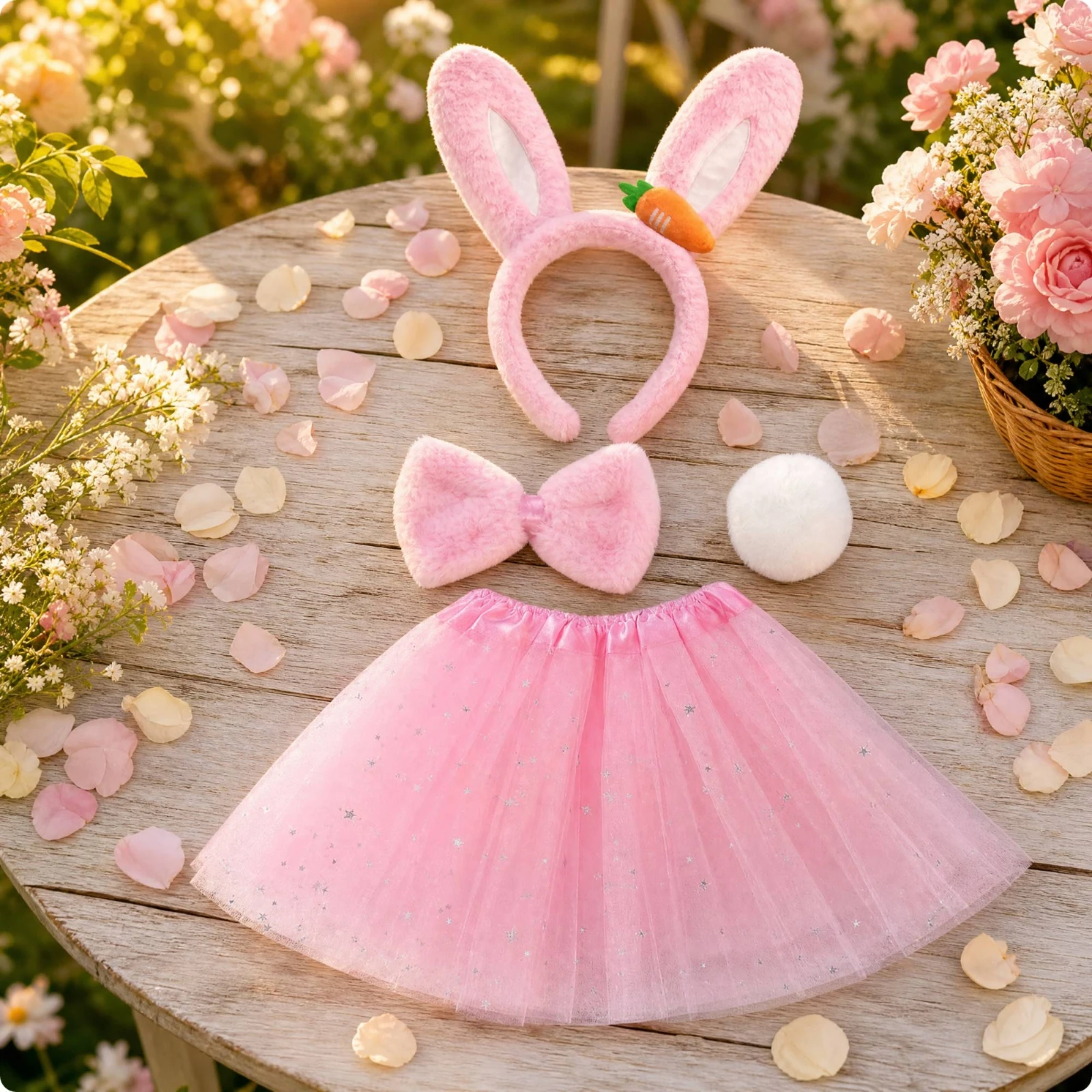 Rabbit Costume with Ears Headband Soft Bunny Costume with Tutu Bunny Dress-up Set with Tulle Skirt Fuzzy Tulle Tutu Reusable