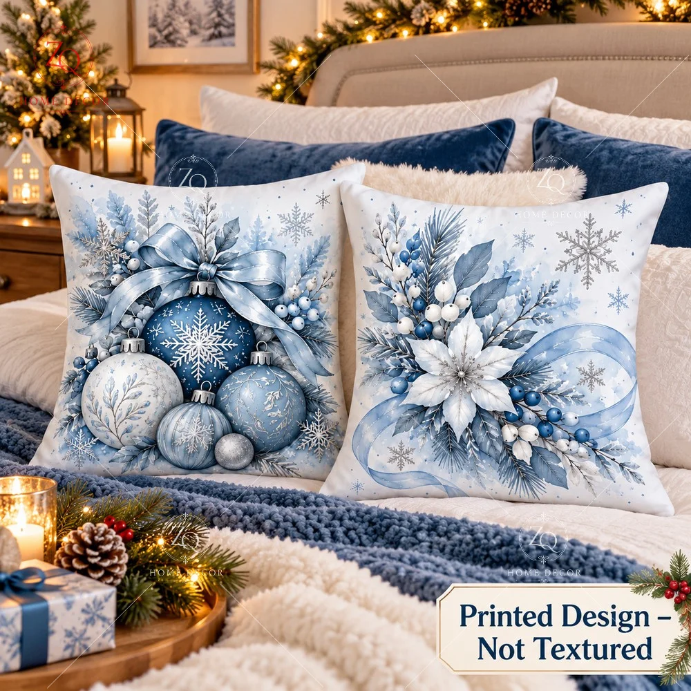 Blue Christmas Pillow Cover 2D Flat Printed Peach Skin Throw Pillowcase Snowflake Baubles Cushion Cover Bed Couch Home Decor