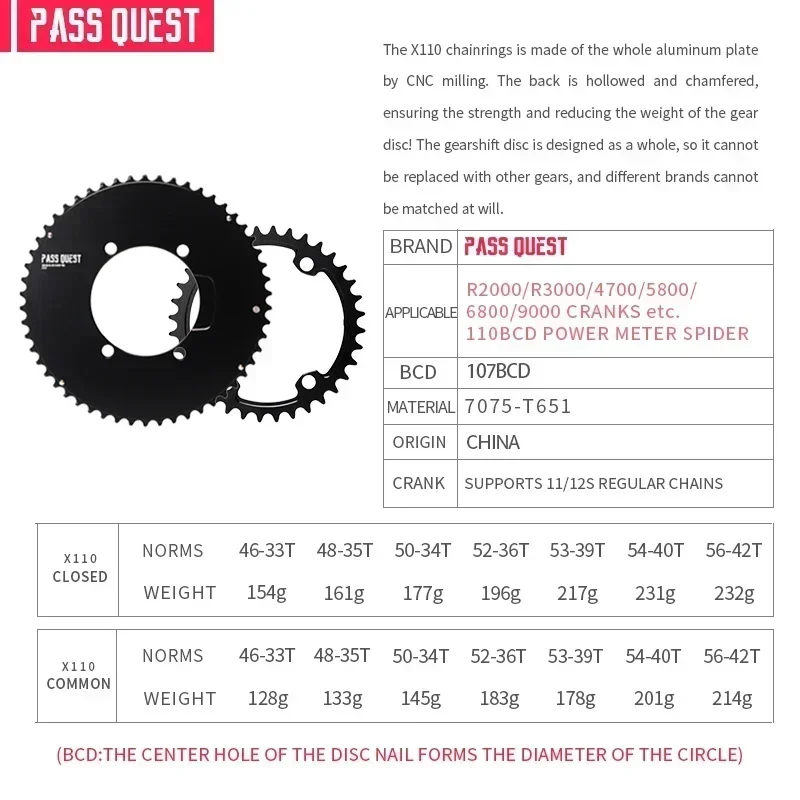 PASS QUEST 110 bcd chainring road bike 2X Narrow wide with bolts Chain ring for Shimano dura ace 9000 5800 6800 11 12 speeds