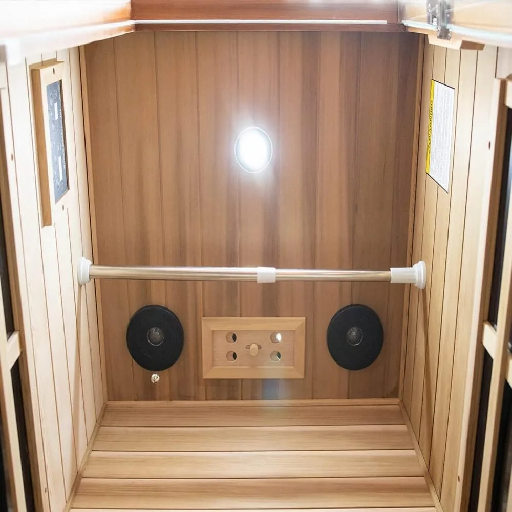 Sala de sauna de jardim de tamanho para 1 pessoa com sauna de madeira infravermelha distante de 1350 W Cedro vermelho canadense 8 aquecedores EMF baixos e 2 alto-falantes Bluetooth