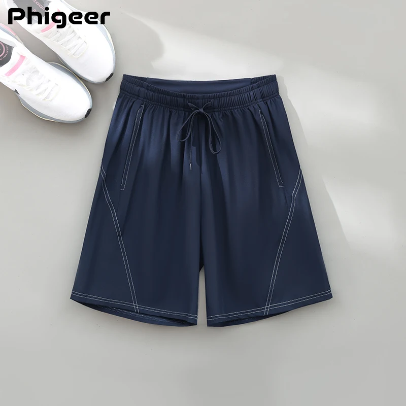 PHIGEER Women Fashion Sports Shorts Lightweight Breathable Thin Pocket Straight Shorts Bermuda Shorts Quick-Dry Running Shorts