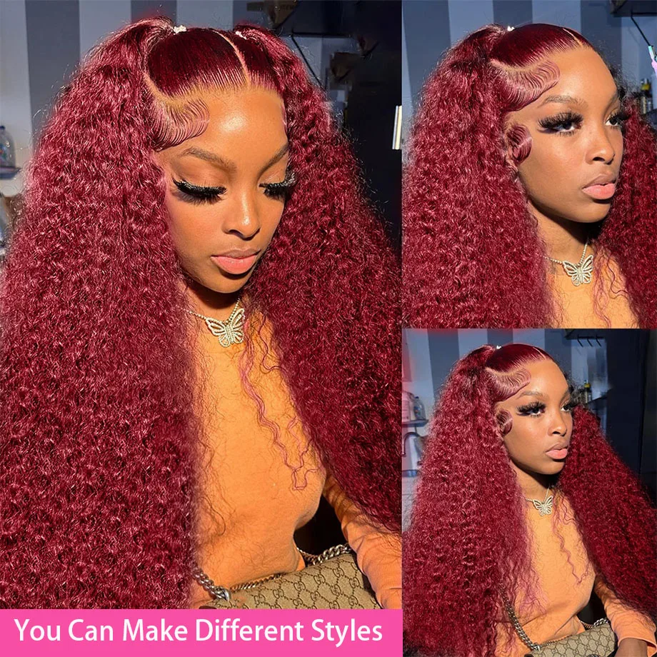 Ketebalan 250 Burgundy gelombang dalam 13x6 Hd renda Frontal Wig rambut manusia untuk wanita warna merah keriting Watre gelombang depan Wig tanpa lem