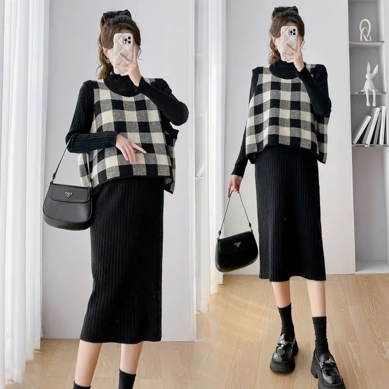 A851# 2023 Autumn New Arrival Fashion Maternity Dress Plaid Vest Sets Elegant A Line Clothes for Pregnant Women Pregnancy