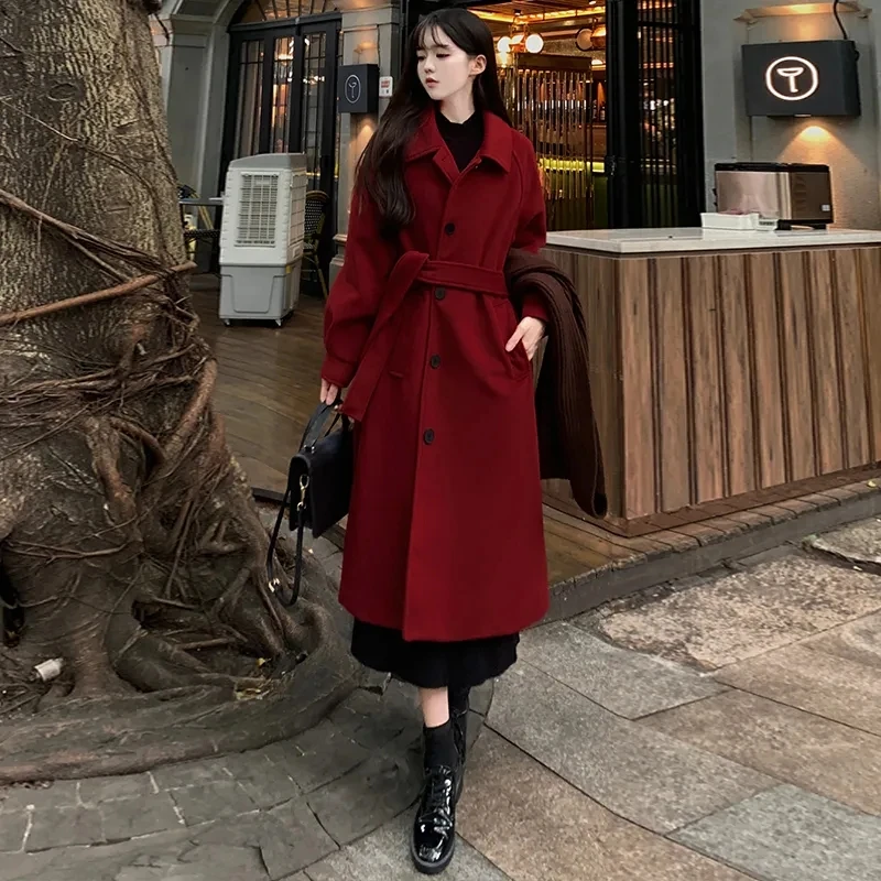 Autumn And Winter New Korean Version Of Loose Red Lace-up Woolen Coat Women's Fashion Long Retro Over-the-knee Temperament Coat.