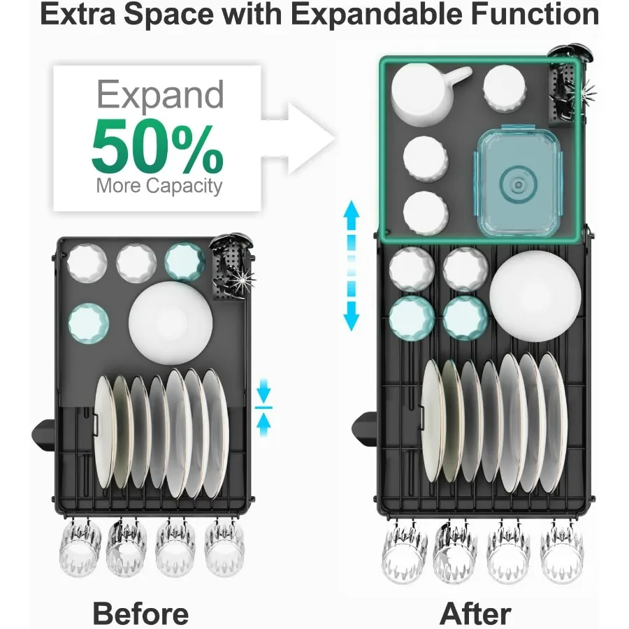 رف تجفيف الأطباق كبير قابل للتوسيع لطاولة المطبخ مع وصلة معدنية وعرض قابل للتعديل من 16.5 إلى 24.4 سعة عالية #3