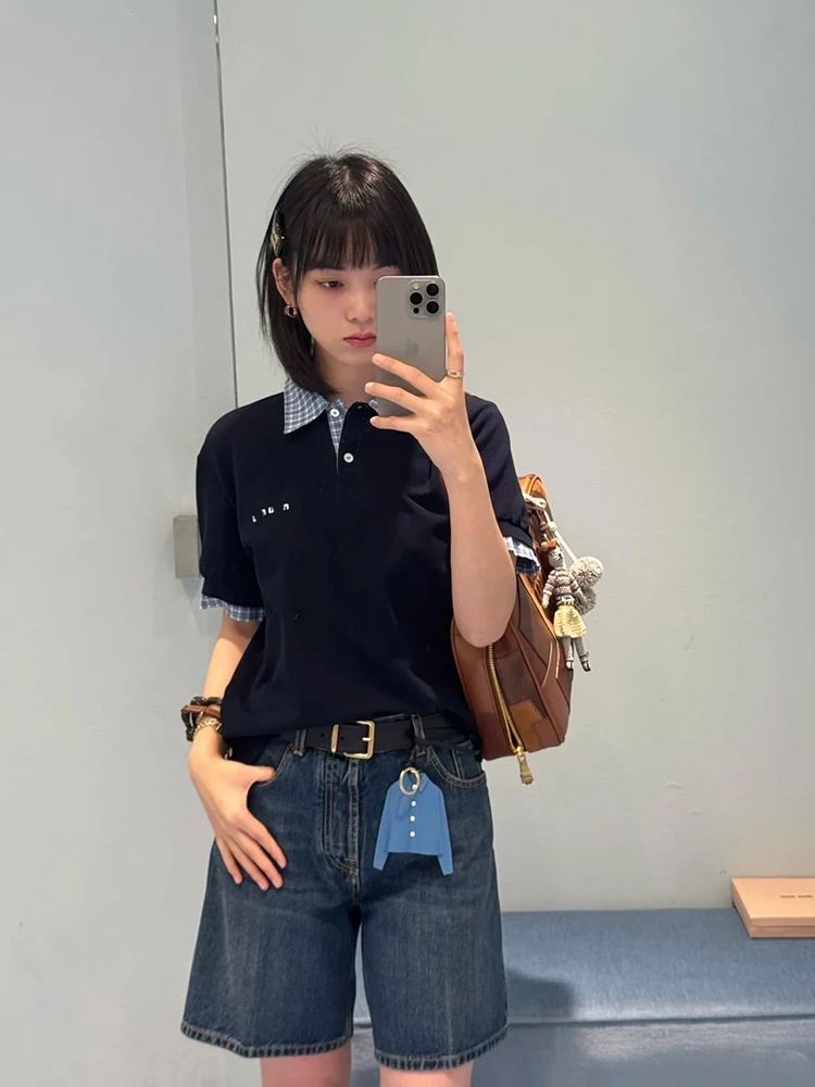 

Miu Sle Letter Ne Plaid Patchwork ort Sve T-irt Women's Loose Layering Top Commute Sle Summer Cotton