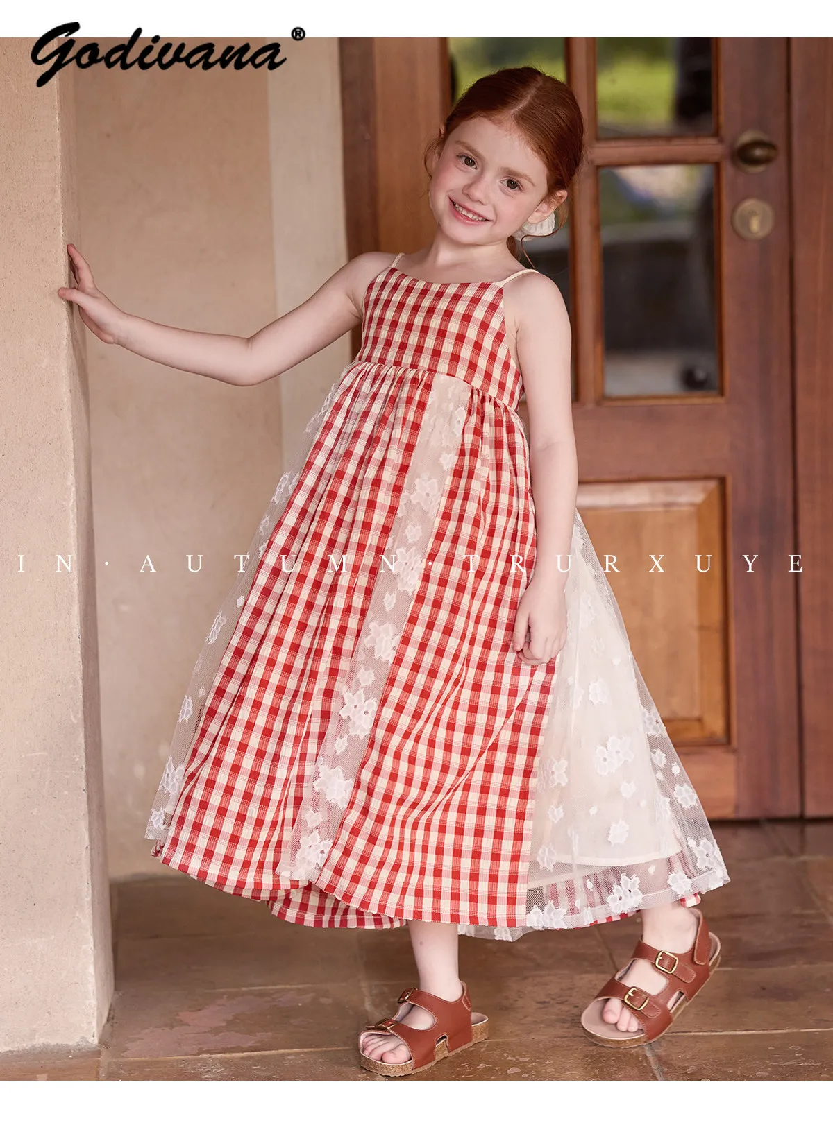 

Sweet Little Girls Retro Hong Kong Style Red Plaid Lace Patchwork Sundress Girls High End Handmade Embroidery Casual Maxi Dress