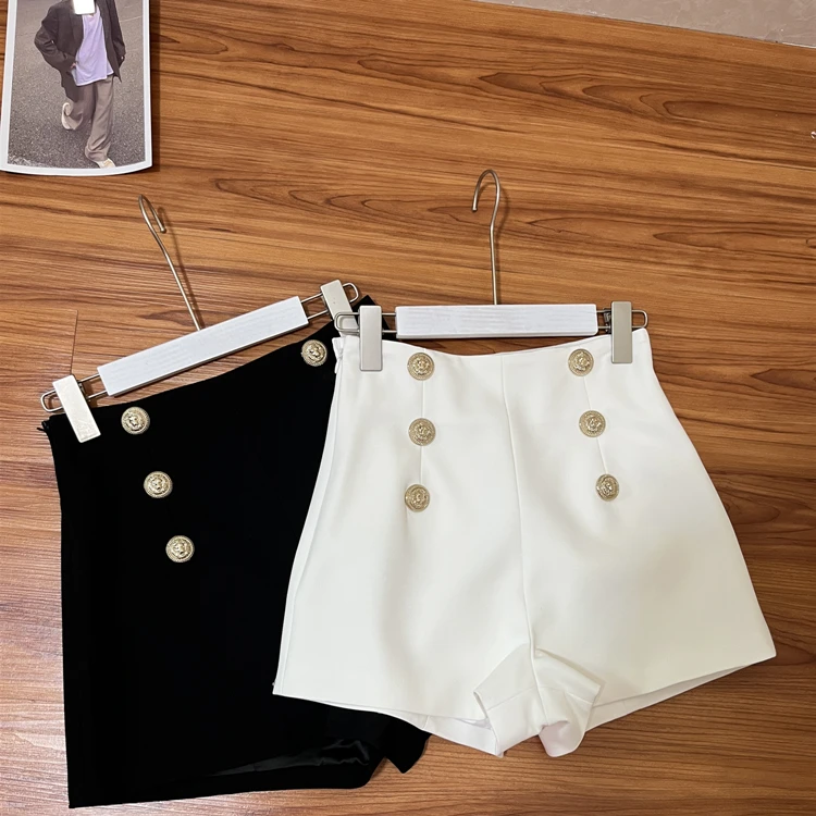 Nowe damskie spodnie z wysokim stanem na rok 2024, z podwójnym rzędem ozdobnych guzików, boczny niewidoczny zamek błyskawiczny, spodnie codzienne.