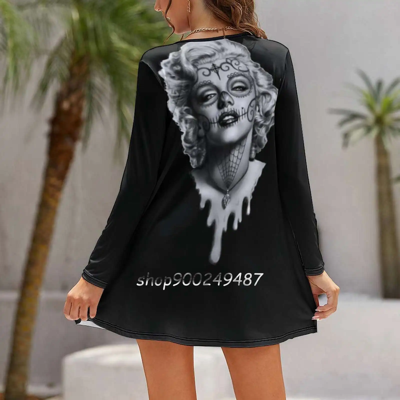 Marilyn Monroe Sugar Skull Women Casual High Waist Mini Dress Long Sleeve Dress Autumn New Fashion Dress Marilyn Monroe Sugar