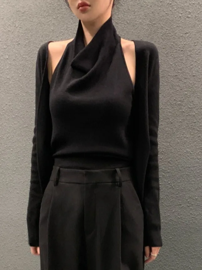 بلوزة نسائية محبوكة بياقة على شكل V، تصميم عملي متعدد الاستخدامات، نمط خريفي جديد، إطلالة كاجوال، قميص بحمالة رقبة