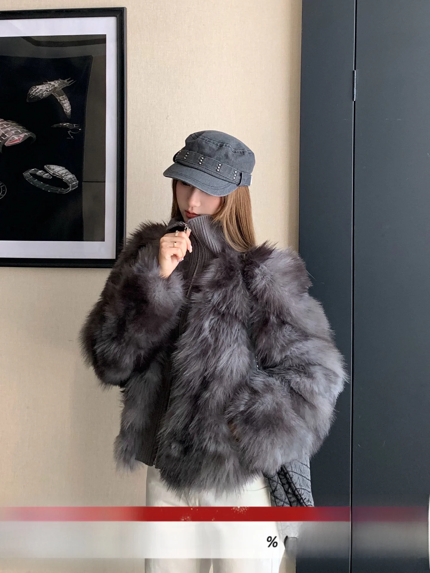 

Eco-Friendly Korean Sle Fur Coat Women's Winter Jaet Stand Collar Splice Polyester Fiber Long Sve High-End Feeling