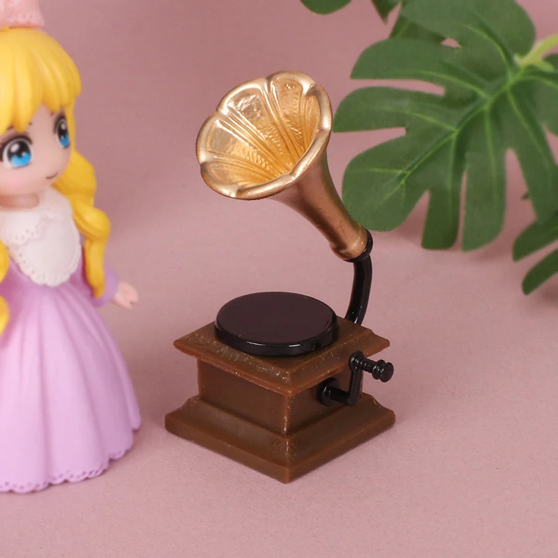 Dollhouse Miniature Gramophone Record Player Retro Style Model Dollhouse Life Scene Decor Accessories For Kids Pretend Play Toys