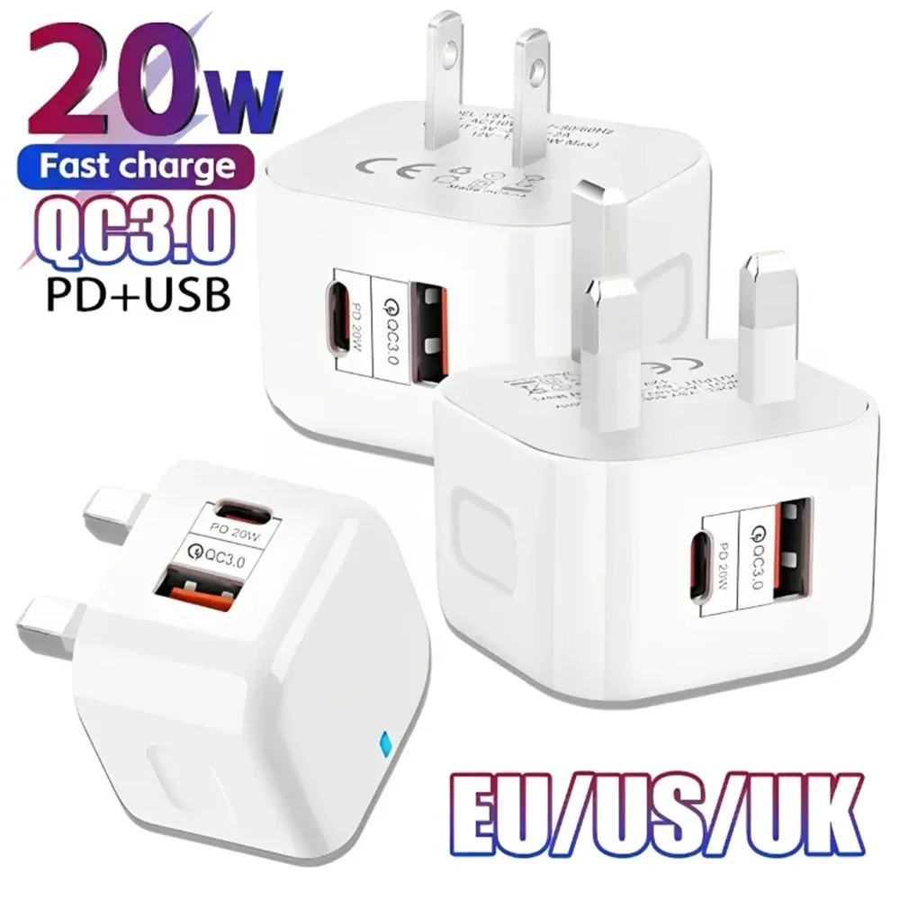 Quick 20W Dual Ports Wall Charger Type-C USB PD Phone Fast Charger Super Quick Charging Power Adapters EU/US/UK Plug For iPhone
