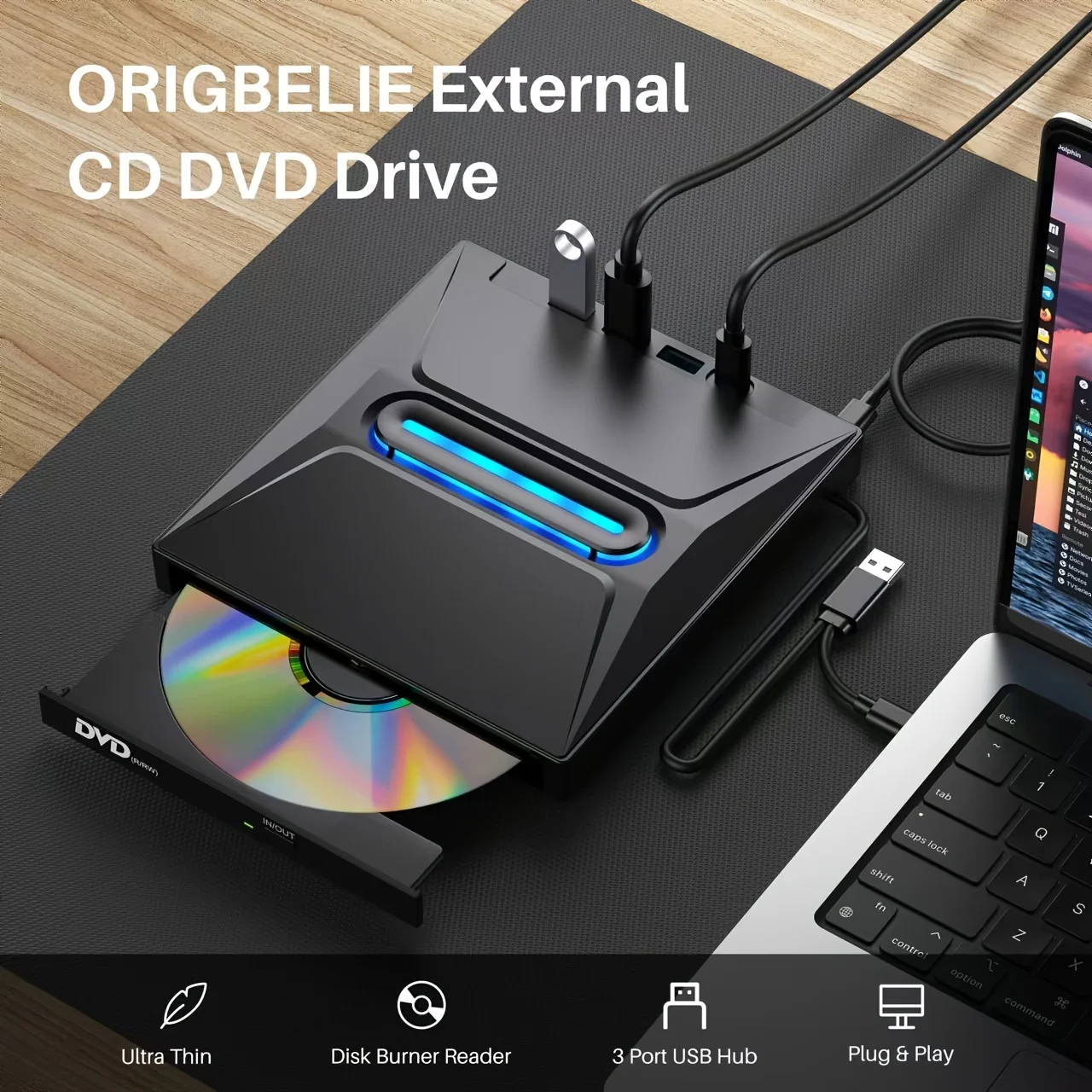 New Luminous 3 USB 3.0 External CD DVD Drive, Typ C Portable CD/DVD+/-RW Drive/DVD Player Hub with SD Card Reader CD ROM Burner