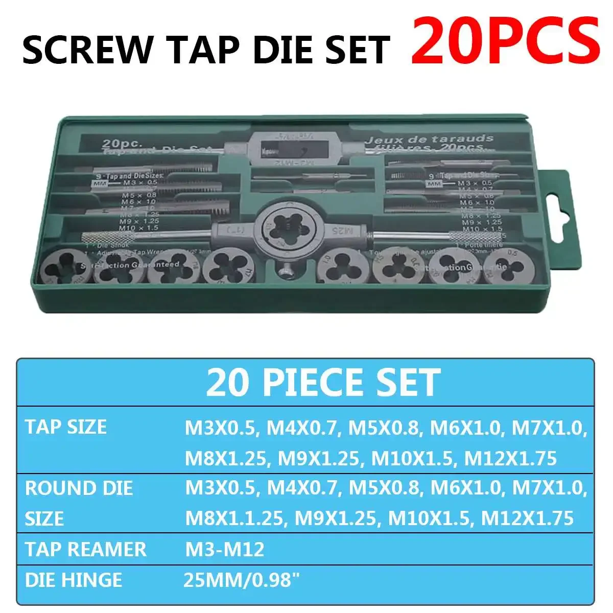 

20PCS Tap and Die Set Metric Wrench Cut M3-M12 Hand Threading Tool Tungsten Carbide Tap Die Screw Thread Making Tool Bit Set