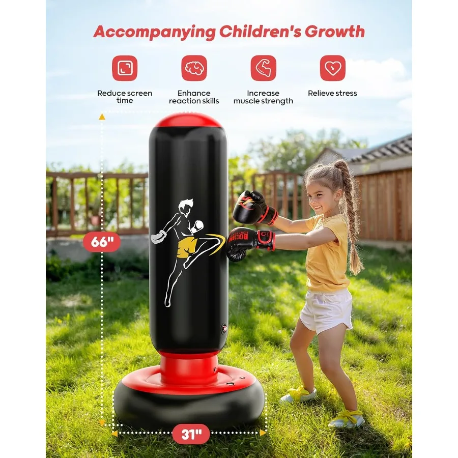 لعبة كيس ملاكمة قابل للنفخ أكبر 66 بوصة مع قفازات ملاكمة لعمر 6-12 سنة معدات مثالية للتمرين الداخلي والخارجي للعلاقات العامة #3