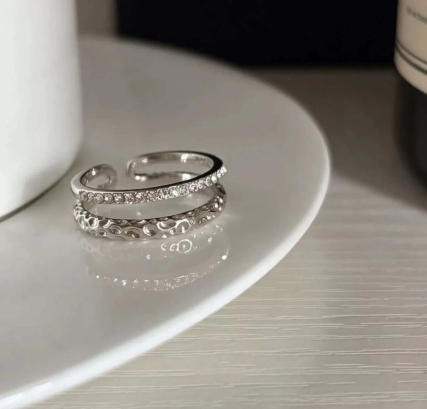 Sam Panda 925 Sterling Silver Ring for Women Zircon Sweet Romantic Korean Style Ins Texture Double Layer Jewelry Gift Dropship