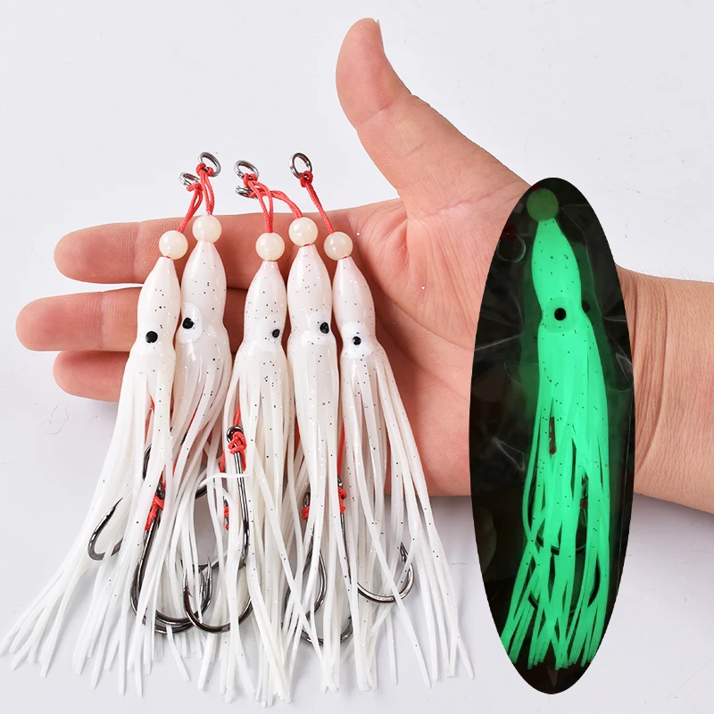 6pcs/pack fishing lure soft squid 12cm5.5g silicon gel skirt tentacle 15# double assist hook lure hook rig fish tackle saltwater