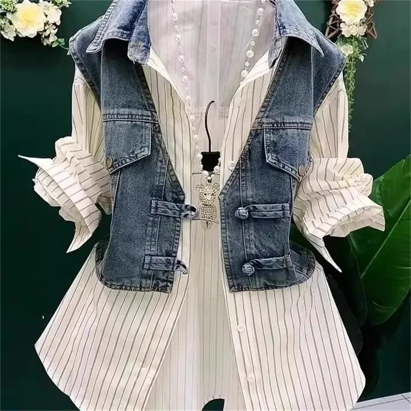 Cowboy Vest Patchwork Summer Shirt Fake Two-Piece Shirt Women's Cowboy VPolo Collar Denim Jacket Autumn Button Spring Shirt Lady
