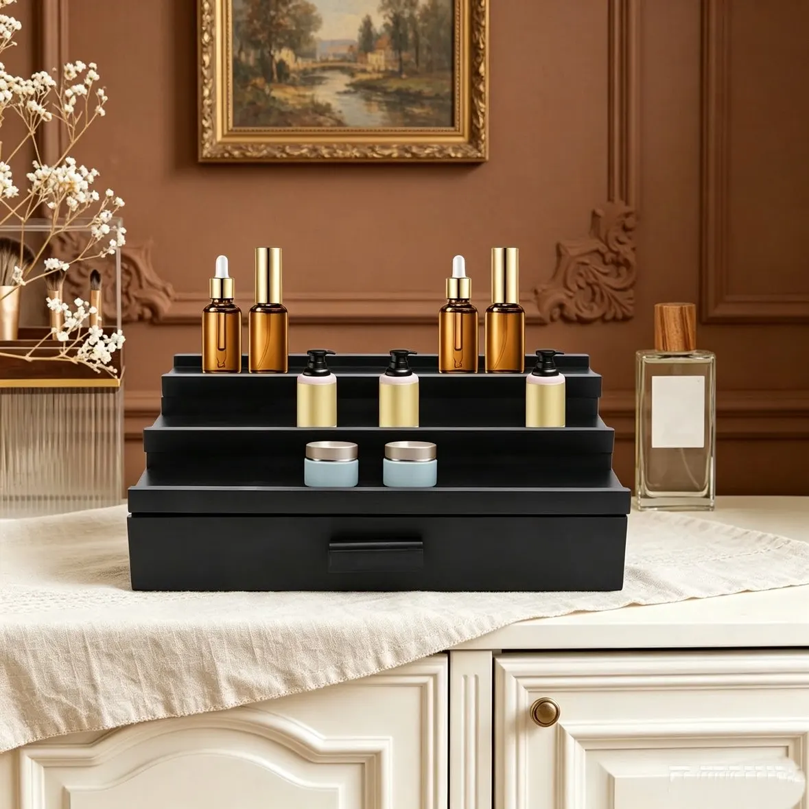 

3 Tier Black Wooden Jewelry Tool Organizer Display Stand Tabletop Ladder Storage Rack with Drawer Perfume Cosmetic Ring Earring Holder