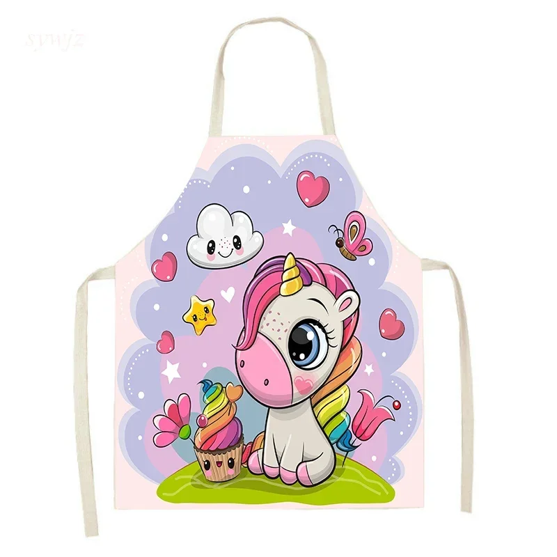 Cartoon Unicorn Print Apron Cute Girly Heart Kitchen Apron Adult Cleaning Apron Children\'s Painting Antifouling Decorative Bib