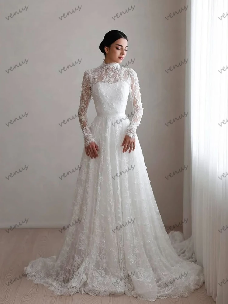 Splendidi abiti da sposa A Line Abiti da sposa Abiti a strati in pizzo per feste formali Maniche lunghe Abiti da sposa Personalizzati 2025