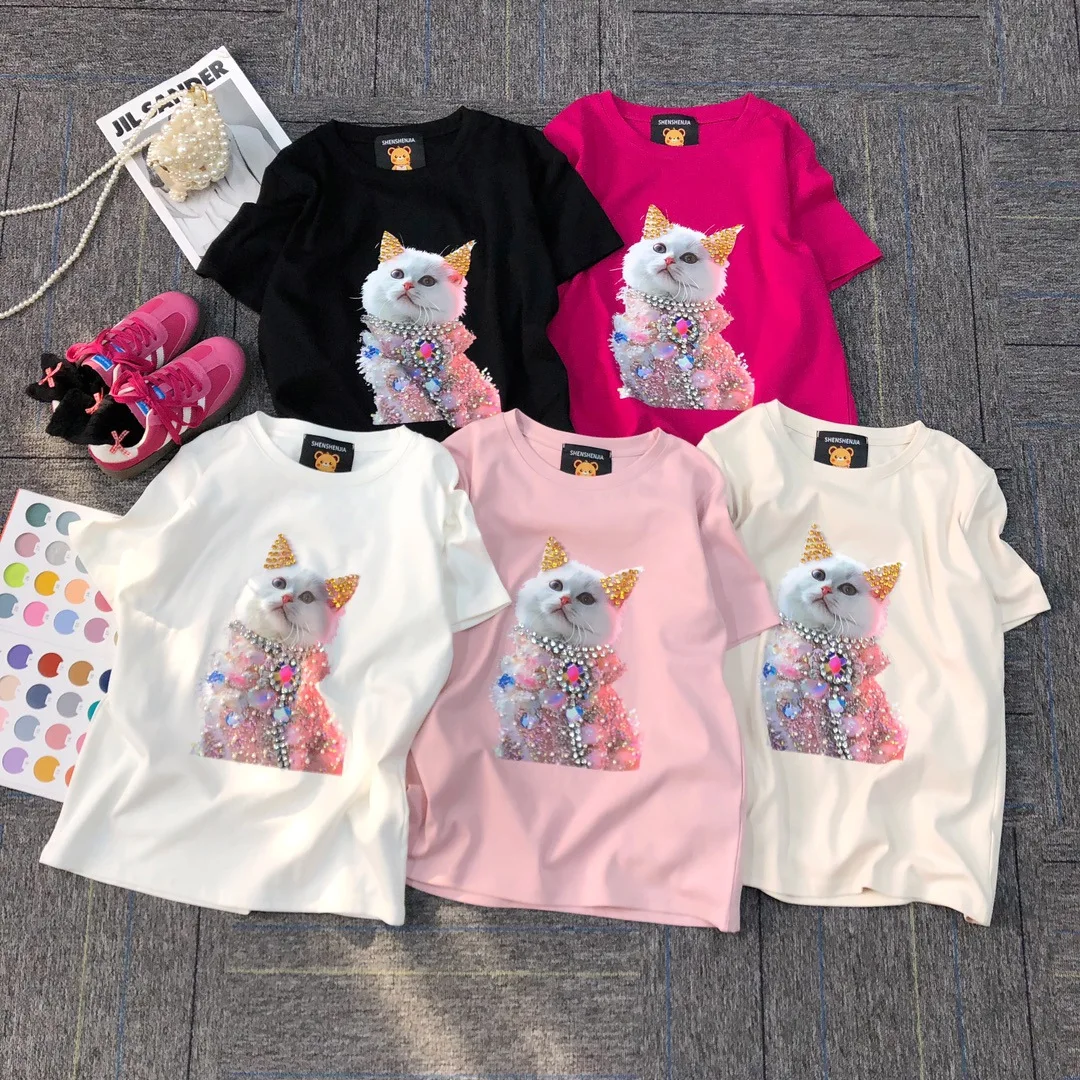 

Fashion 2025 New Spring Summer Women Cotton T-shirt All-match Mid-long Casual Basic Tees Cute Cat Printed Beads Short Sleeve Top