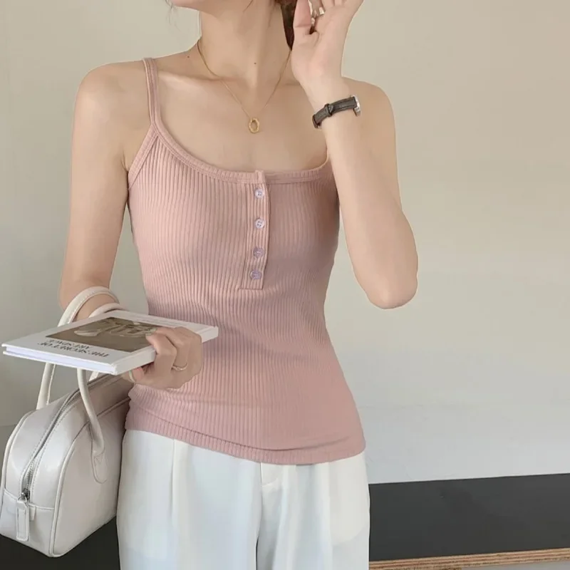 New Women Solid Colors Backless Single Breasted Cotton Camisoles Summer Chic Sweet Girls All-Match Tank Tops Bottoming Shirts