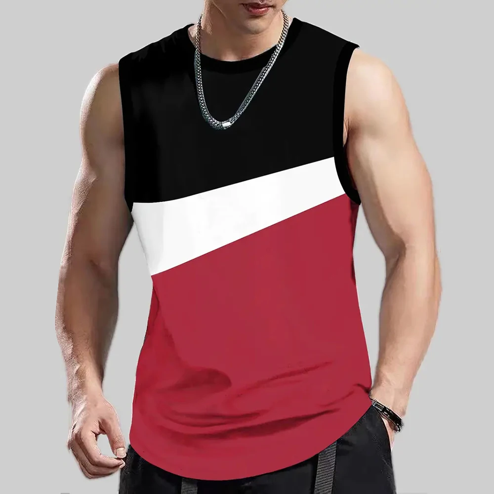 

Men's Sleeveless Shirt Fashion Tri Color Splicing Print Tank Top Summer Gym T-shirt Man Casual O-neck Loose Vest Sports Clothing