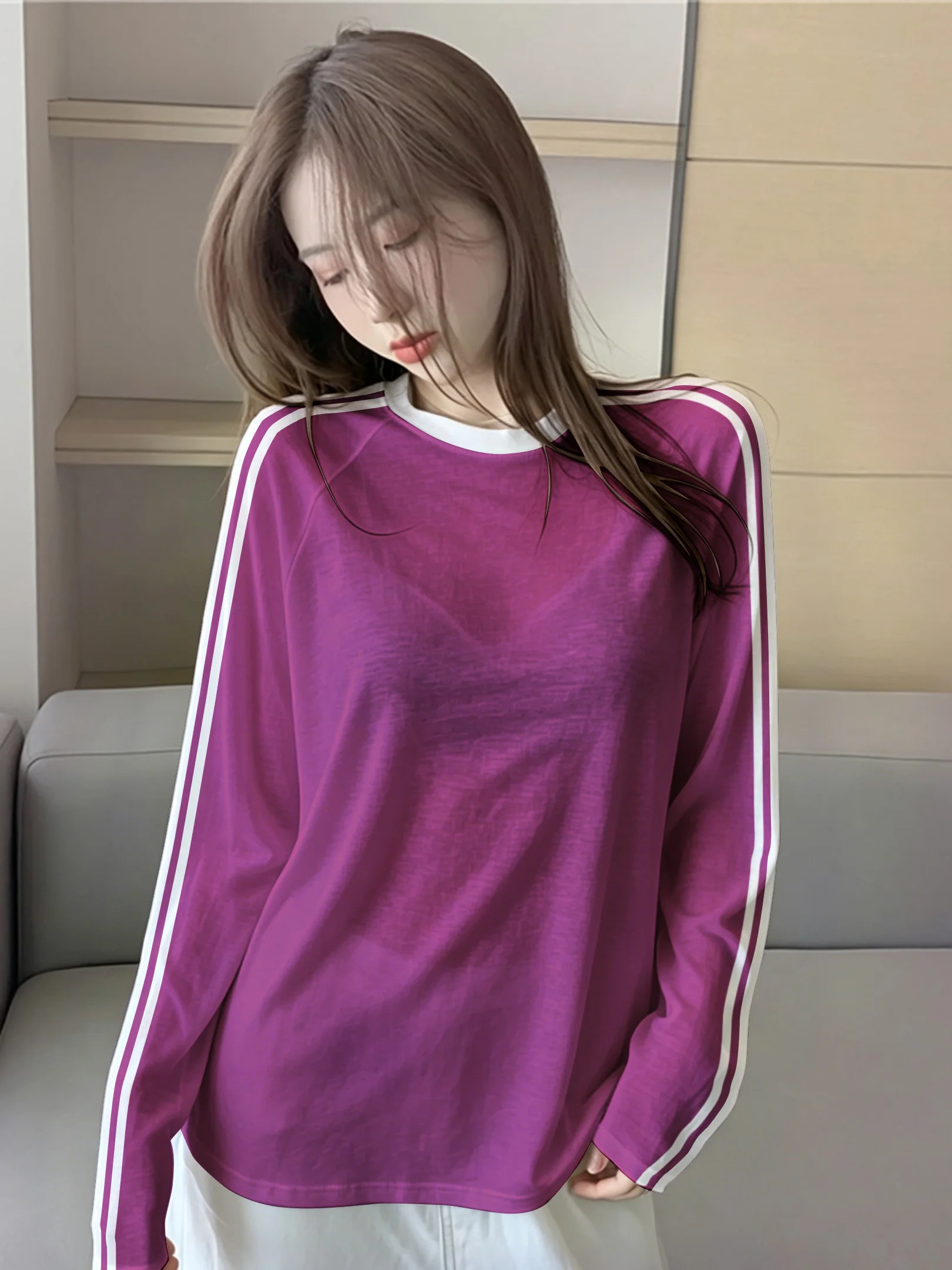 Summer White Contrast Color Stripes Long Sleeve Women's T-shirt Loose Fit Mid-Length Breathable Transparent Outerwear Commute...