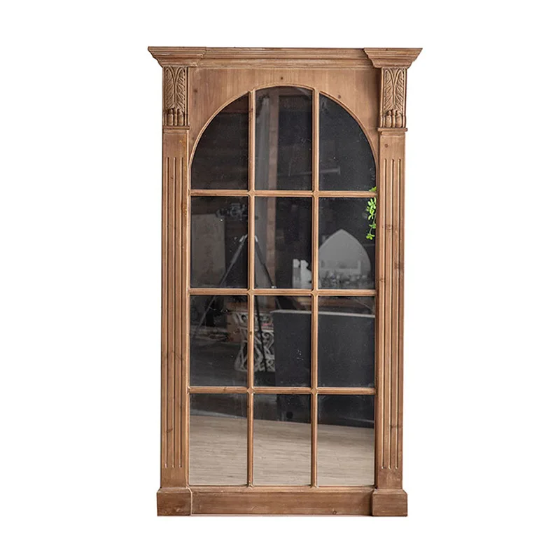 

American retro solid wood, floor-to-ceiling mirror entering the entrance, decorative mirror carved false window mirror