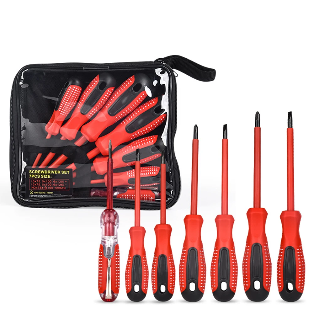 

7pcs 1000V Insulated Screwdriver Set With Test Pencil With TPR Handle Grips Household Electricians Repair DIY Tool Parts