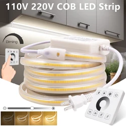 Tira de luces LED COB de 110V, 220V, Control remoto táctil de pared, alto brillo, 288LED/m, cinta Flexible, impermeable, lámpara para interior y exterior