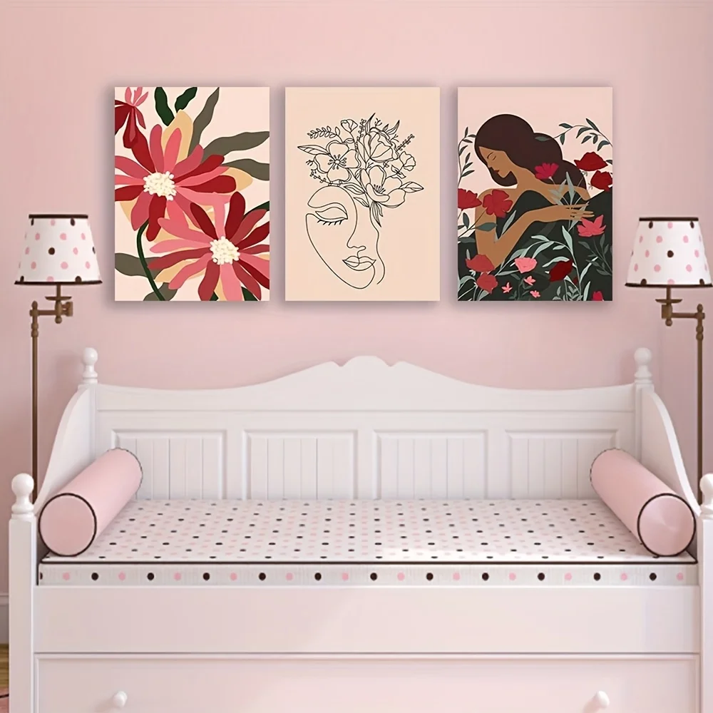 2D Flat 3pcs Unframed RVCKVS Boho Pink Flower Poster Natural Botanical Canvas Painting Abstract Girl Face Art Print Nordic Wa