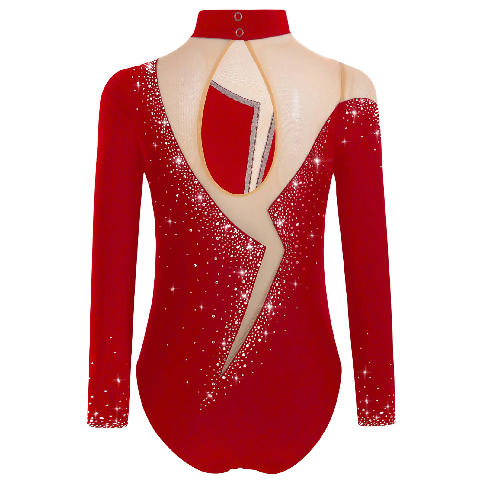 Kids Girls Figure Skating Rhythmic Gymnastics Performance Costume Long Sleeve Sparkly Rhinestone Ballet Dance Leotard Dancewear