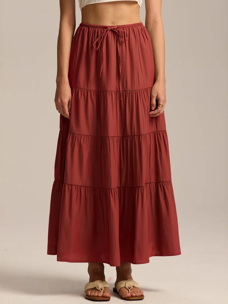 하이웨이스트 루즈핏 밴딩 플리츠 롱 스커트 여성용 A라인 드레스 스타일 벨티드 스커트