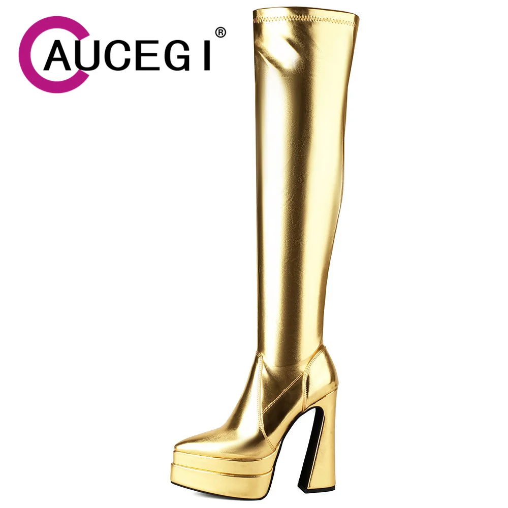 

Aucegi New Design Pointed Toe Over The Knee Boots PU Leather Platform Thick High Heels Large Size43 Women Sexy Party Dress Shoes