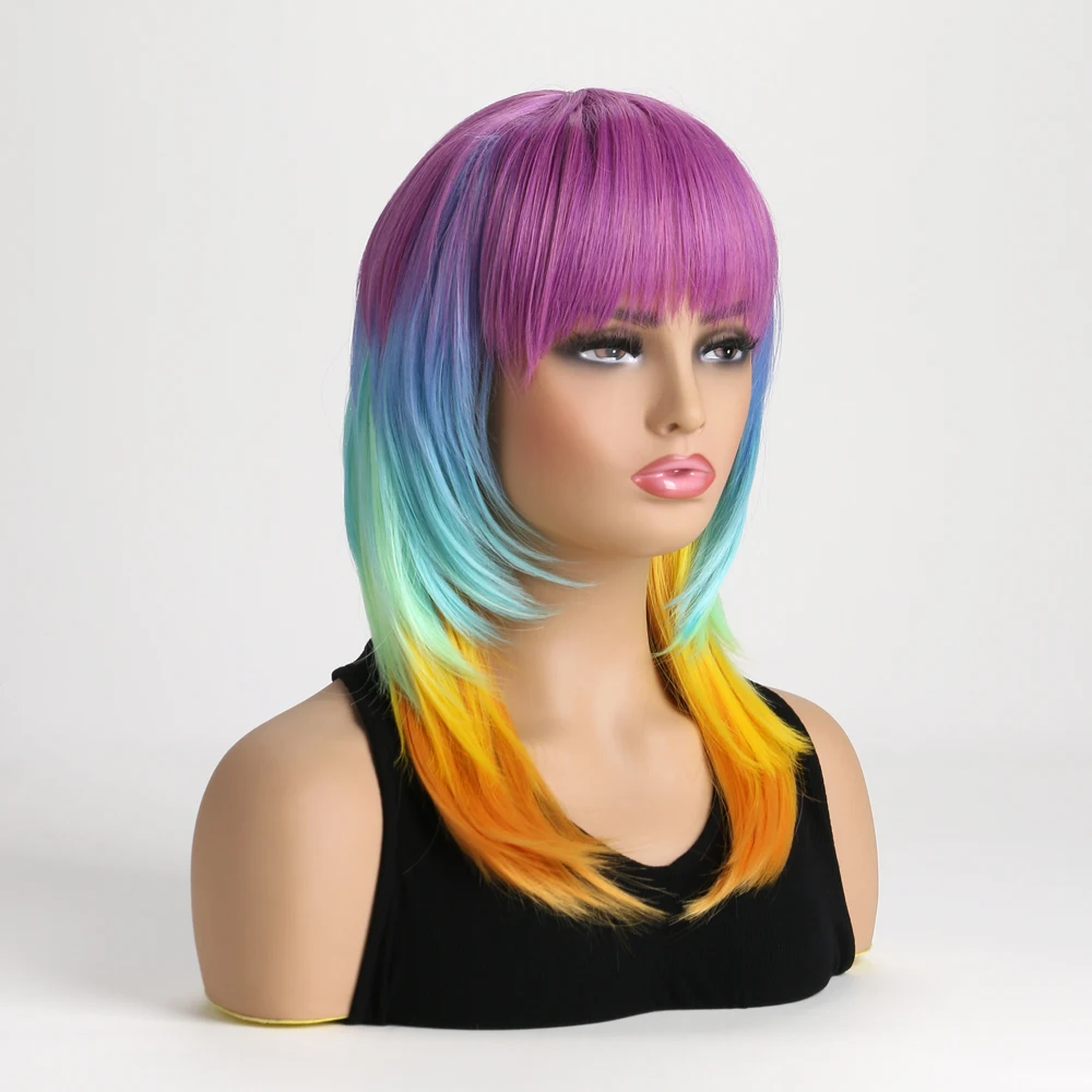 16 Inch Synthetic  Short Bobo  Rainbow Wig With Bangs For Women Perfect For Halloween Birthday Costume Party Or Daily Use