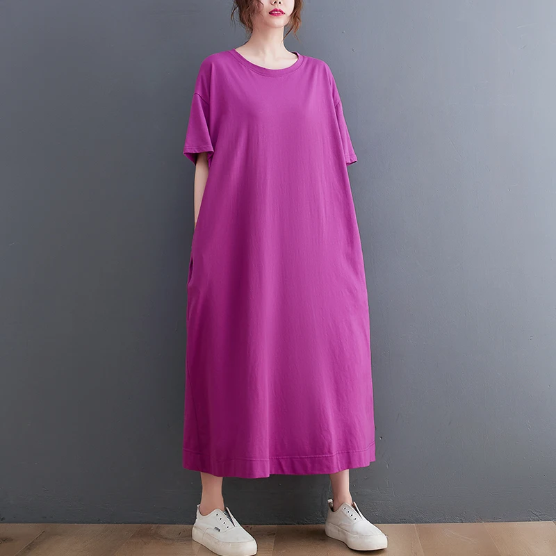 Grande taille décontracté été nouveau t-shirt ample Dr minceur genou longueur couleur Pure a-ligne Dr femmes Faion trajet Sle