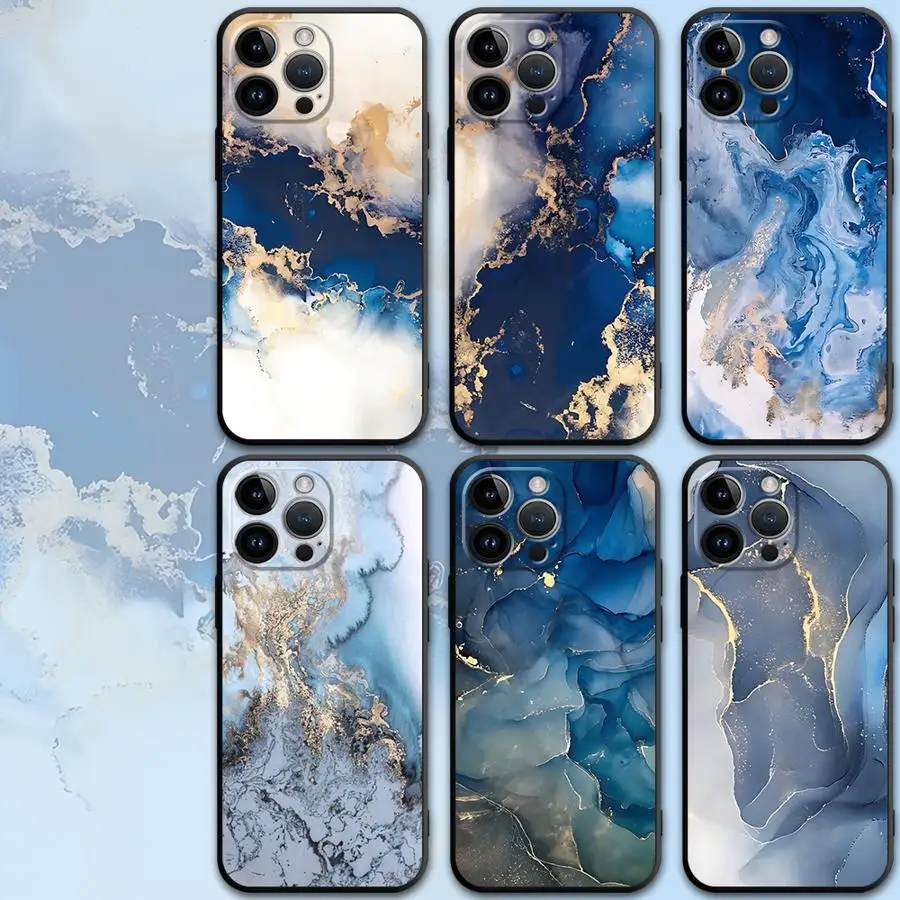 أزياء رخامية حالة زرقاء لفون ، غطاء الهاتف لفون 16 ، 15Pro ، 12 ، 13 ، 14 ، 11 برو ماكس ، XR ، 7 ، 8 ، SE ، XS ماكس ، 12 ميني ، 16 Plus ، 14Pro ، 13Pro