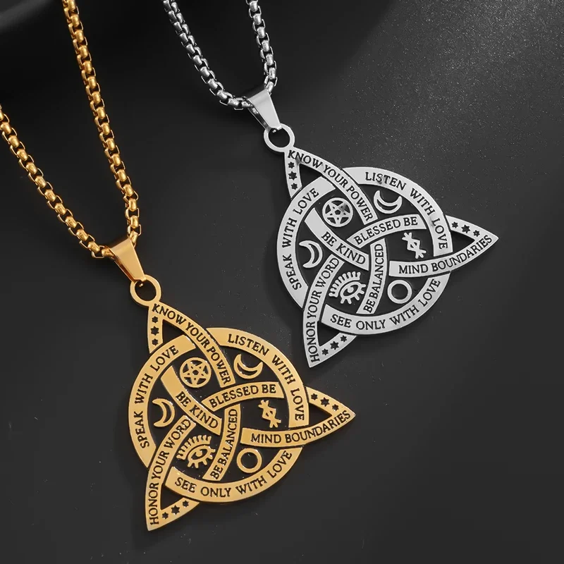 Vintage Celtic Trinity Knot Stainless Steel Pendant Wiccan Witch Knot Moon Star Totem Necklace for Women Irish Lucky Jewelry