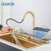 Brushed Gold 304 Stainless Steel Waterfall Style Modern Kitchen Large Single Slot Button Integrated Digital Display Faucet Set