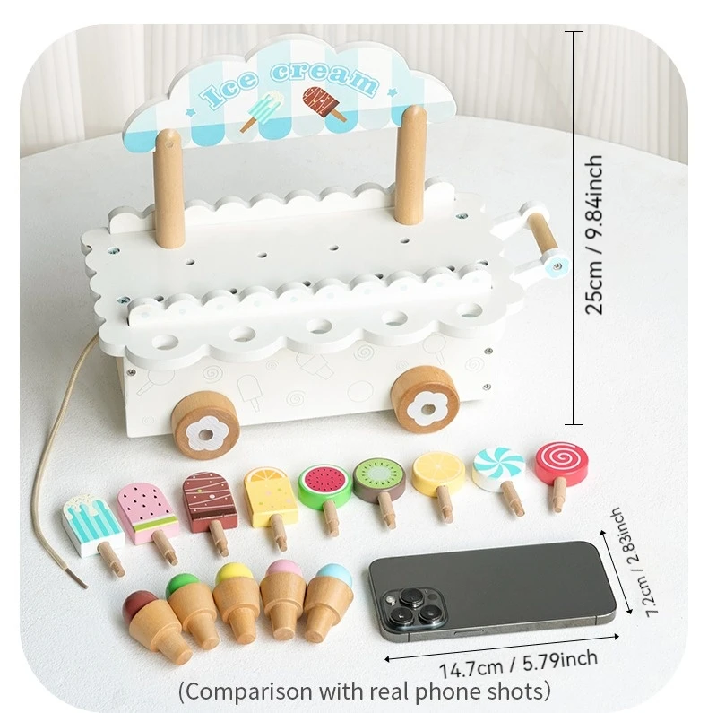 Carrinho de sorvete de madeira para crianças, conjunto de brinquedos, acessórios de cozinha para meninas, brincar de simulação