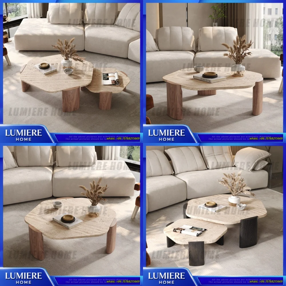 

Кофейный столик-шестигранник для гостиной, с деревянным каркасом и столешницей из натурального камня в винтажном стиле, мебель для гостиной