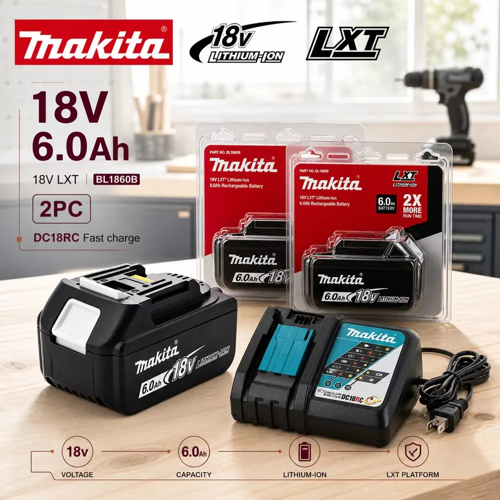 Batteria agli ioni di litio originale Makita BL1860B 18V 6.0Ah per utensili 18V LXT, ricambio per officina, BDF453SHE BDF454Z BHP452 BGA452 BFR550Z BFR750Z BHR240Z, solo batteria, opzioni con
