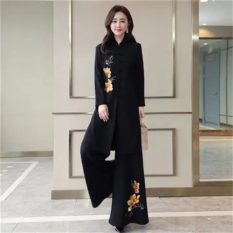 Ethnic Style Modified Cheongsam set for 2025 Spring and Autumn With a Sense of Falling Wide leg Pants Mom's Retro Two-Piece Set
