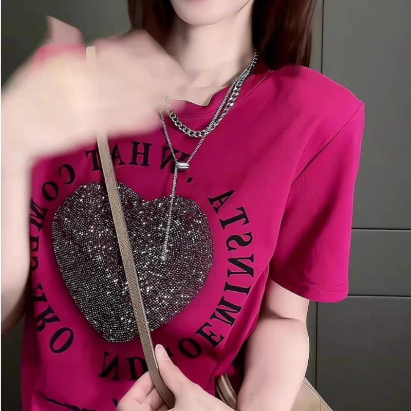 Large size pure cotton heart-shaped rhinestone shoulder short sleeved T-shirt 2025 summer popular versatile loose top