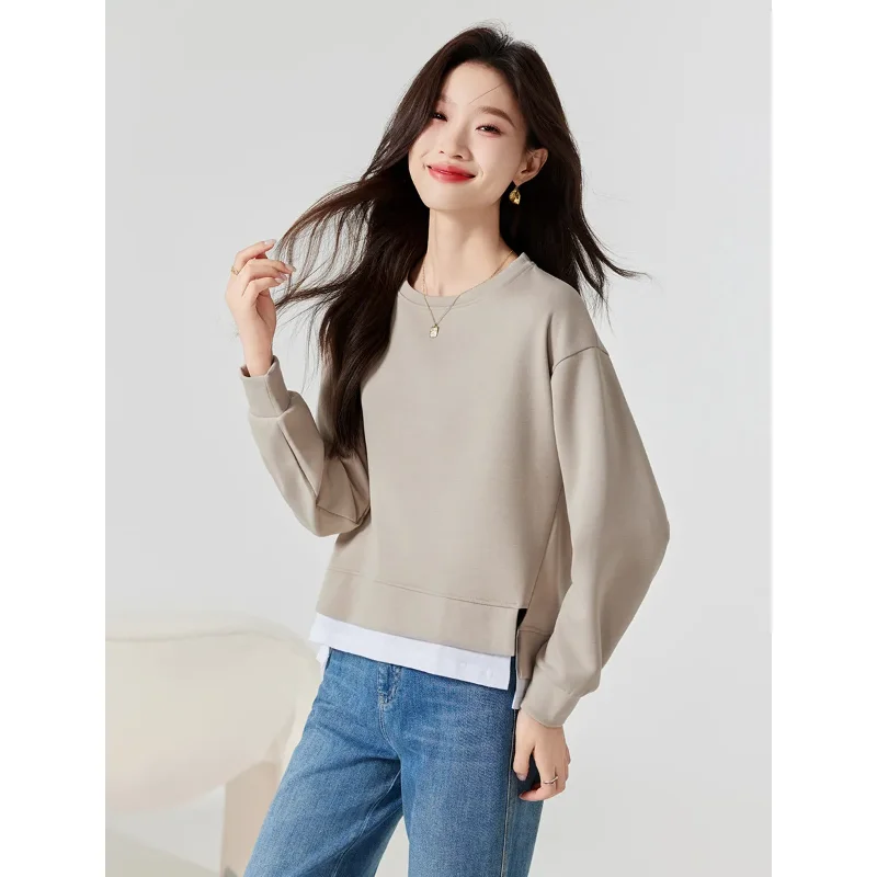 

Бордовая искусственная двухсекционная толстовка, женская свободная повседневная блузка с длинным рукавом и круглым вырезом, многослойный подол, модная повседневная блузка